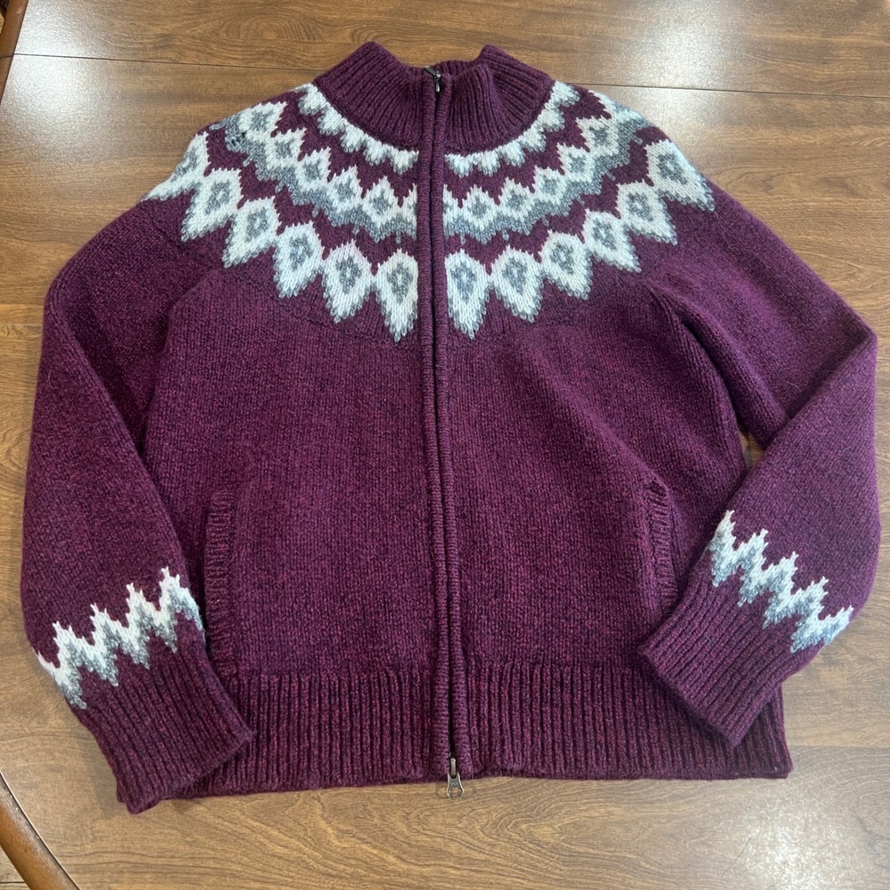 LL Bean Fair Isle Full Zip Cardigan Sweater Burgundy Wool Blend Large